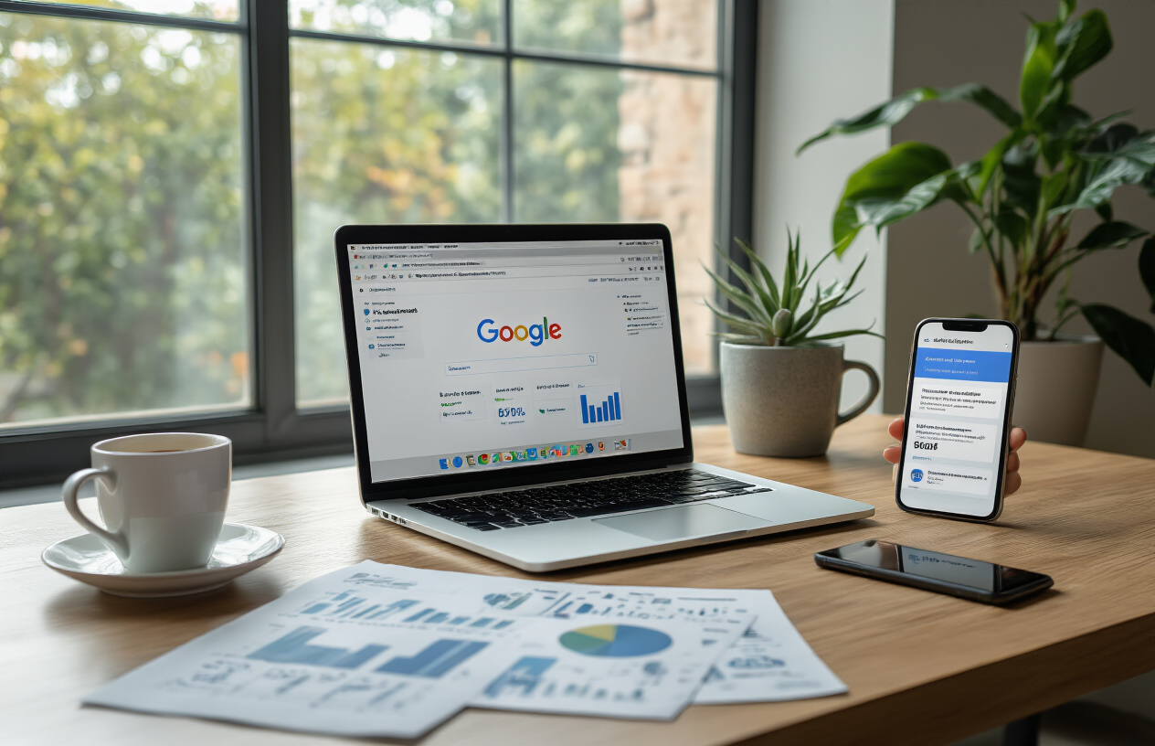 Create a realistic image of a modern office desk with an open laptop displaying Google My Business dashboard interface, a smartphone showing GMB posts, scattered business analytics papers, a coffee cup, and a potted plant, with soft natural lighting from a window in the background creating a professional and successful business atmosphere, absolutely NO text should be in the scene.
