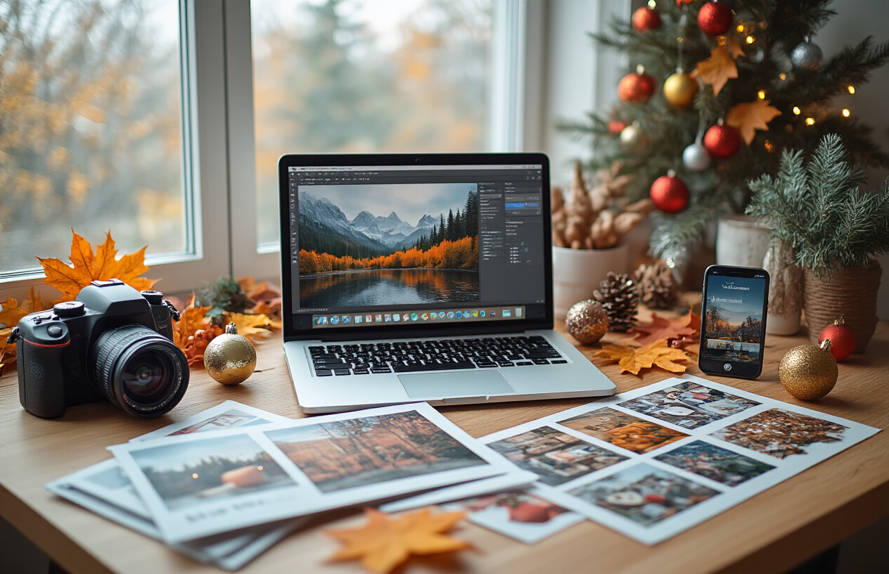 Create a realistic image of a modern office desk with a laptop computer displaying a photo editing interface, surrounded by various visual marketing materials including printed seasonal flyers showing winter holiday offers, a digital camera, colorful product photos scattered on the desk, a smartphone displaying social media content, seasonal decorative elements like small holiday ornaments and autumn leaves, bright natural lighting from a window, clean organized workspace atmosphere, absolutely NO text should be in the scene.