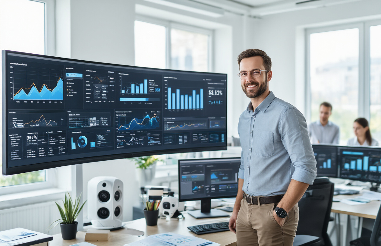 Create a realistic image of a modern office environment showing business growth and scaling operations for a virtual tour company, featuring a white male entrepreneur in business casual attire standing confidently next to a large wall-mounted monitor displaying growth charts and analytics dashboards, with multiple workstations equipped with high-end computers and 360-degree cameras visible in the background, bright natural lighting streaming through large windows, professional atmosphere with clean white walls and modern furniture, additional team members working at desks with virtual tour equipment, upward trending graphs and metrics visible on screens, organized workspace with filing systems and business planning materials, conveying success and expansion, absolutely NO text should be in the scene.