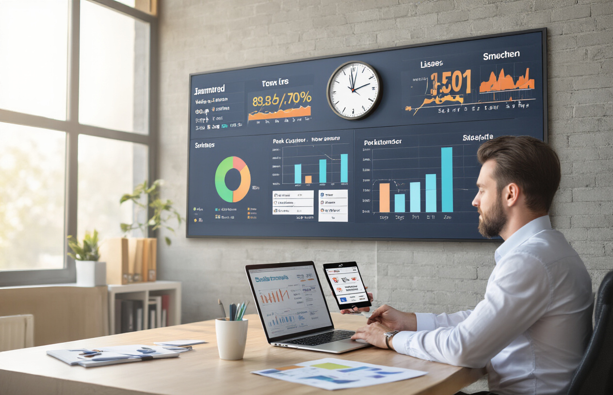 Create a realistic image of a modern office setting with a large wall-mounted calendar and clock showing different time zones, a white male business owner in his 30s sitting at a desk analyzing colorful charts and graphs on a laptop screen that display peak customer hours and sales data, with a smartphone nearby showing notification alerts for scheduled promotions, warm natural lighting from a window, professional atmosphere with organized workspace including notepads and planning materials, absolutely NO text should be in the scene.