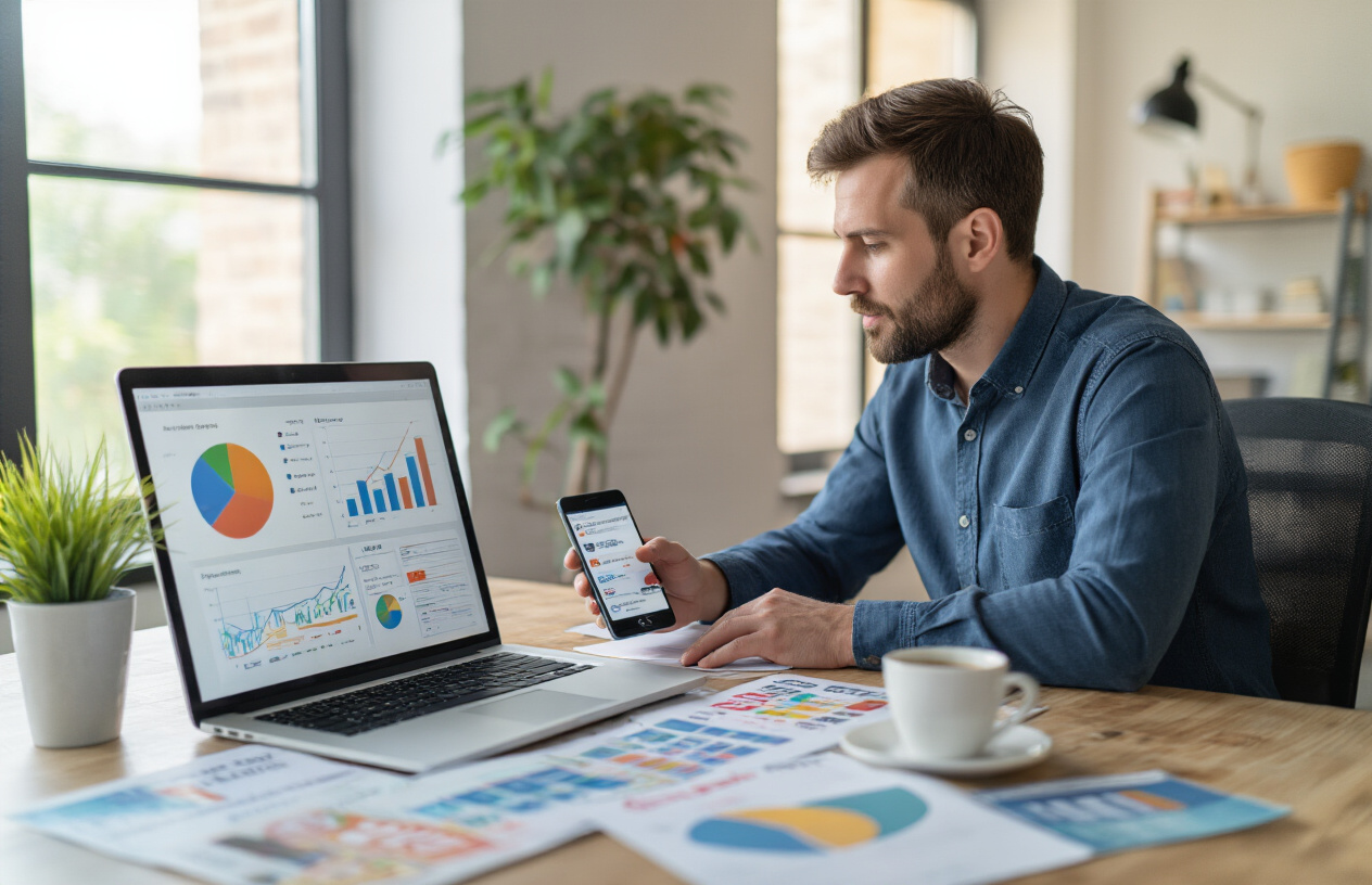 Create a realistic image of a modern office setting with a white male business owner in his 30s sitting at a desk analyzing colorful sales charts and graphs on a laptop screen, with a smartphone displaying Google My Business interface nearby, multiple promotional flyers and discount coupons spread across the desk, a small potted plant and coffee cup as complementary elements, warm natural lighting from a window creating a productive atmosphere, the person actively engaged in strategizing with a pen in hand hovering over printed analytics reports, absolutely NO text should be in the scene.