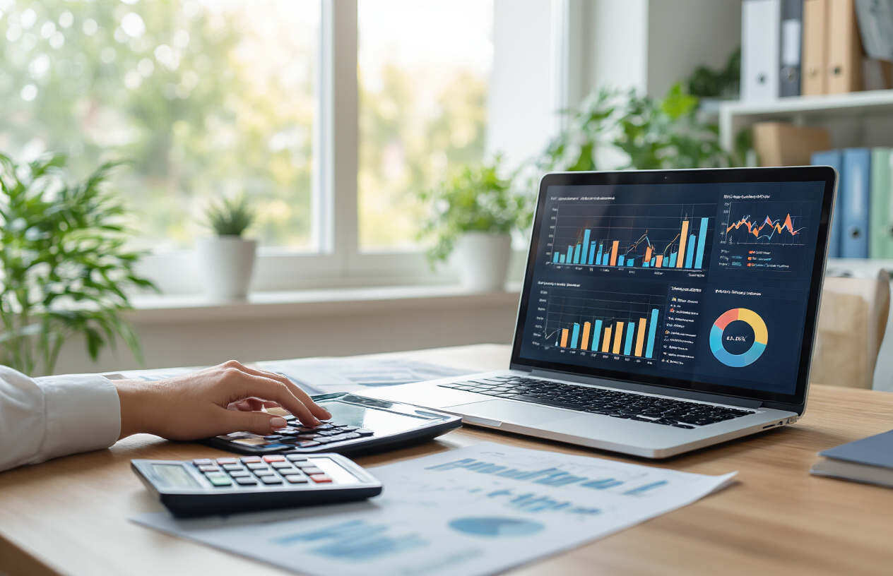 Create a realistic image of a modern office setting with a white female business owner sitting at a desk analyzing data on a laptop screen showing colorful graphs and charts representing ROI metrics, with a tablet displaying seasonal business photos beside her, calculator and financial documents spread on the wooden desk, bright natural lighting from a window, professional atmosphere with plants and business books in the background, focused concentration mood, absolutely NO text should be in the scene.