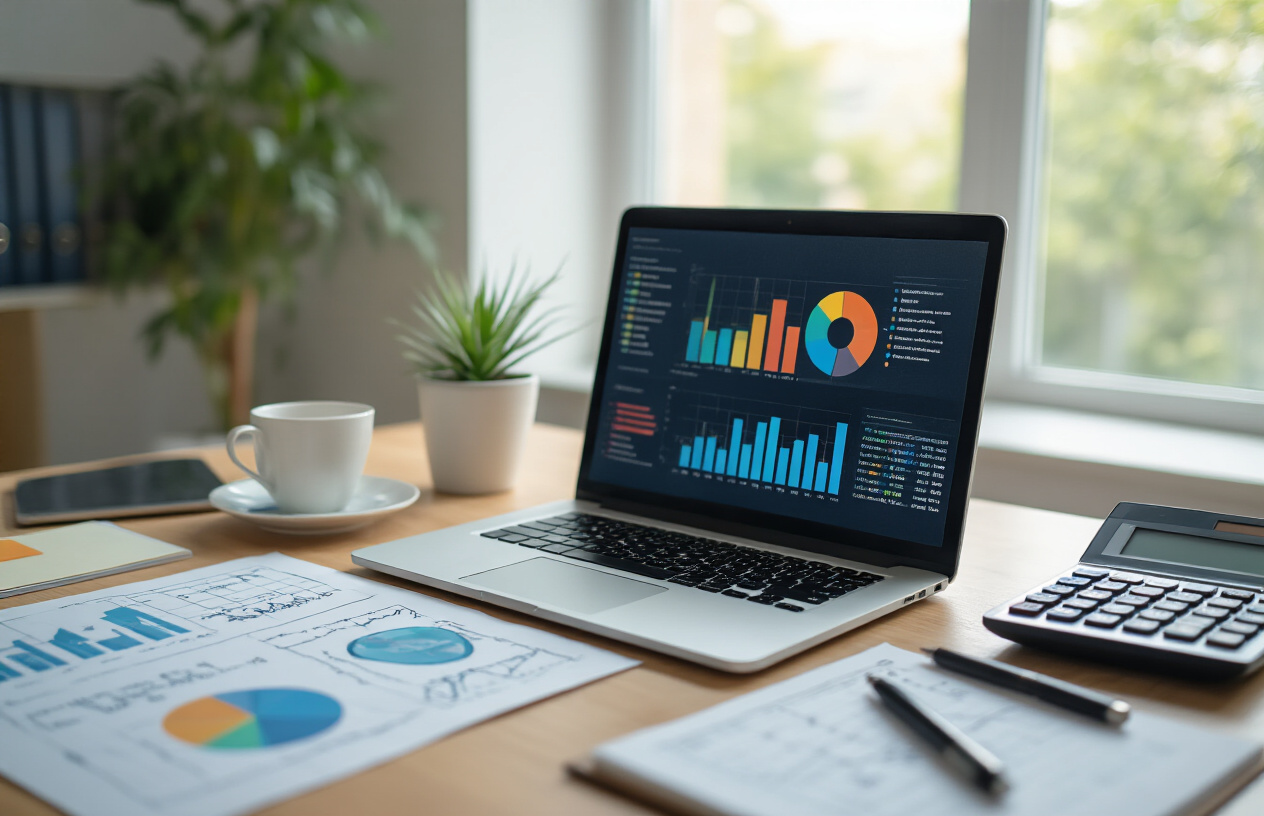Create a realistic image of a modern office setting with a clean desk featuring an open laptop displaying colorful charts and graphs on the screen, surrounded by data visualization printouts, a calculator, and a notepad with analytical sketches, with soft natural lighting from a nearby window creating a professional and organized atmosphere that conveys successful data analysis completion, absolutely NO text should be in the scene.