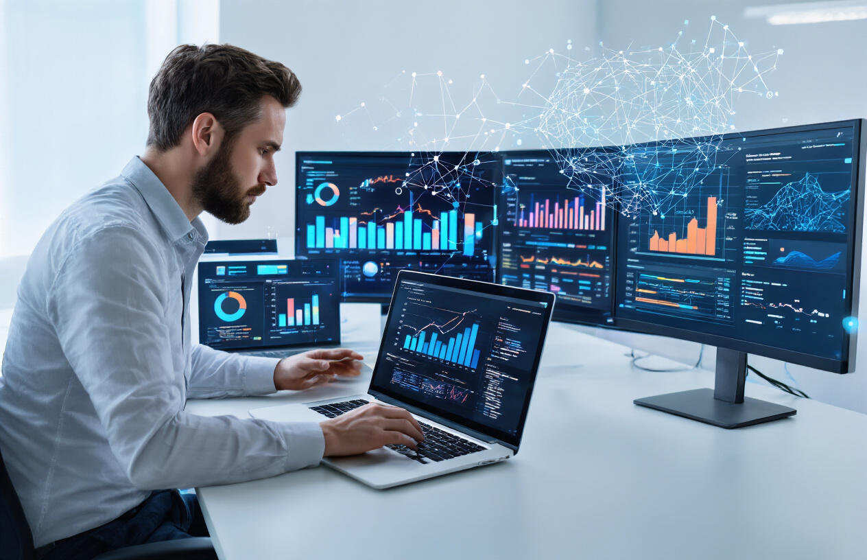 Understanding Google's Major Algorithm Updates Create a realistic image of a modern office workspace with multiple computer monitors displaying colorful data analytics charts and graphs, a professional white male digital marketer in his 30s analyzing SEO metrics on his laptop, Google search interface visible on one screen, abstract network connections and algorithm flowcharts floating holographically above the desk, clean white background with subtle blue lighting, focused and analytical mood, absolutely NO text should be in the scene.