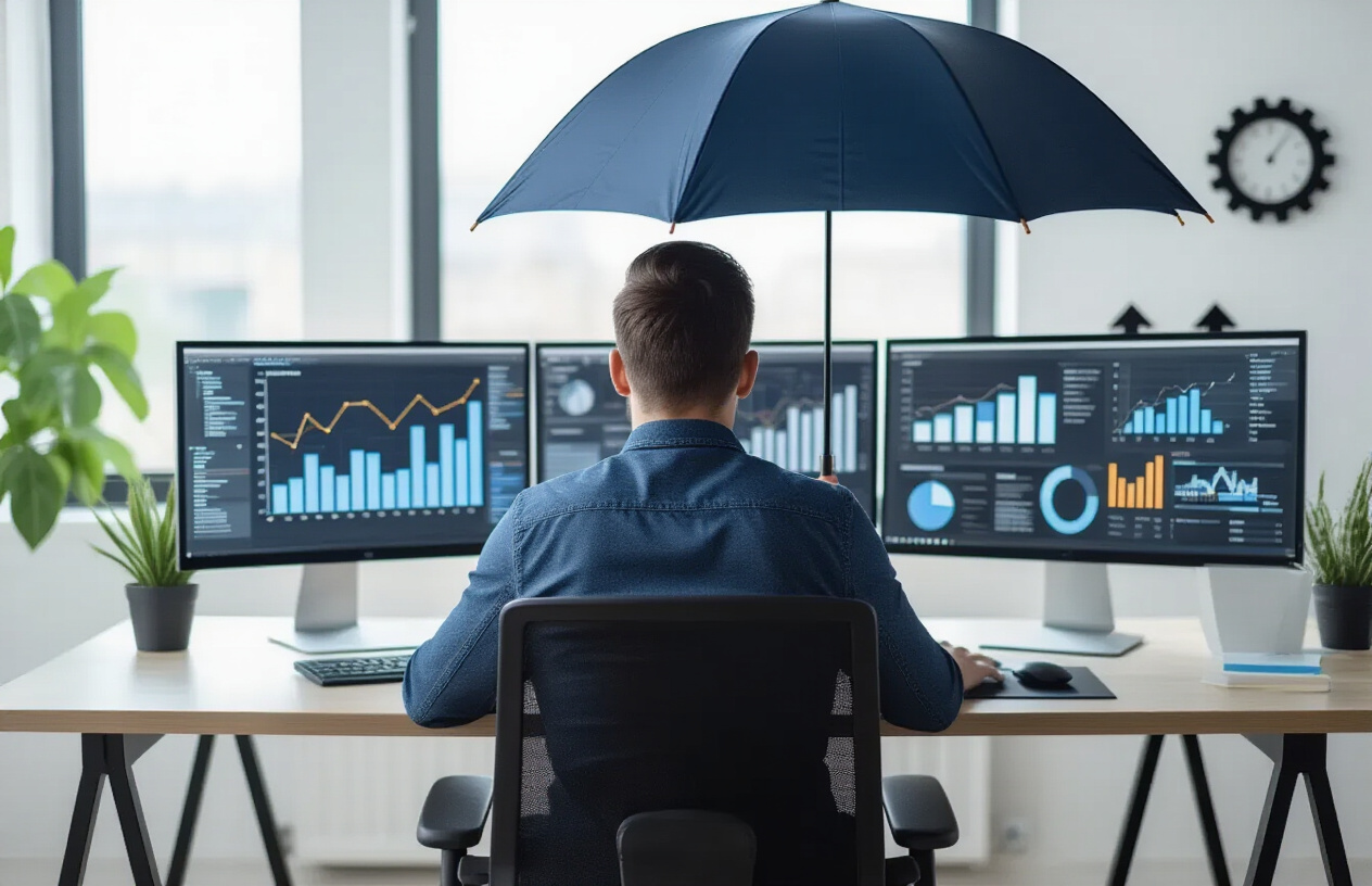 Future-Proofing Your SEO Strategy Against Algorithm Changes Create a realistic image of a modern office workspace with a white male SEO professional sitting at a computer desk analyzing data on multiple monitors showing website analytics and search engine results, with a protective shield or umbrella metaphor positioned prominently in the scene representing protection against algorithm changes, surrounded by subtle visual elements like gears, charts, and upward trending arrows in the background, set in a clean professional environment with natural lighting from a window, conveying a sense of strategic planning and future preparedness, absolutely NO text should be in the scene.