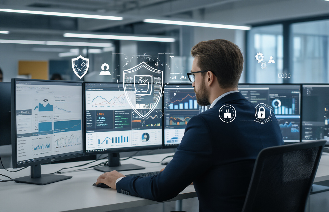 Create a realistic image of a modern office workspace with multiple computer monitors displaying website analytics dashboards, security monitoring tools, and performance graphs, featuring a white male professional in business attire analyzing data on screens, with protective shield icons and security symbols visible on the monitors, set in a well-lit contemporary office environment with a focused and professional atmosphere, absolutely NO text should be in the scene.