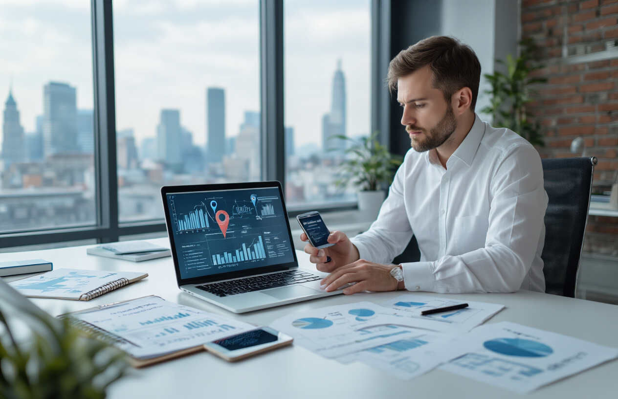 Create a realistic image of a modern office workspace with a white male business consultant in his 30s sitting at a clean desk, analyzing business documents and charts on his laptop screen, with a smartphone displaying location pins and search results nearby, surrounded by strategic planning materials including notebooks with sketched business name concepts, a cityscape visible through large windows in the background suggesting local market focus, professional lighting creating a focused and productive atmosphere, absolutely NO text should be in the scene.