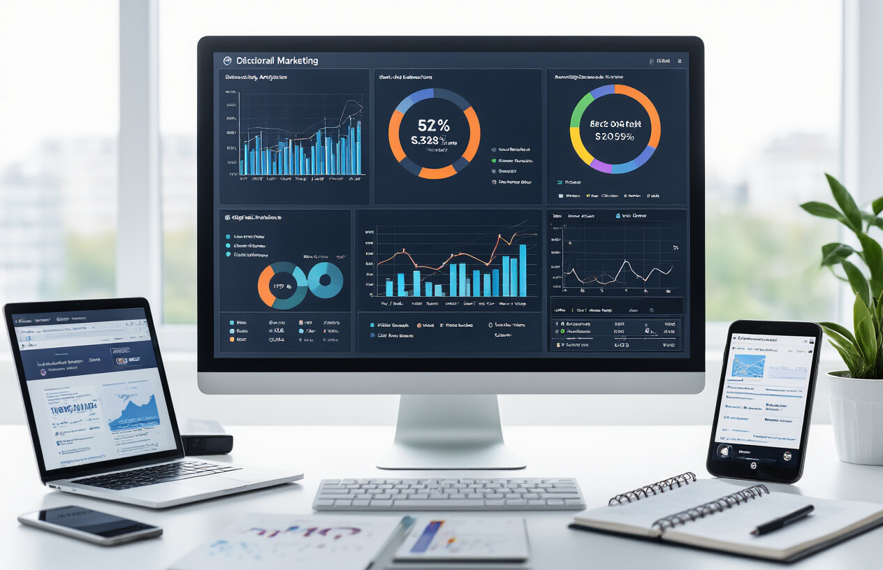 Create a realistic image of a modern office workspace showing advanced digital marketing analytics in action, featuring a large computer monitor displaying complex SEO data dashboards with colorful graphs and metrics, surrounded by secondary screens showing Google search results and local business listings, with a sleek desk setup including notebooks with strategic planning sketches, a smartphone displaying location services, and professional marketing tools, set against a contemporary office background with soft natural lighting from a window, creating a focused and high-tech atmosphere that conveys sophisticated business optimization strategies, absolutely NO text should be in the scene.