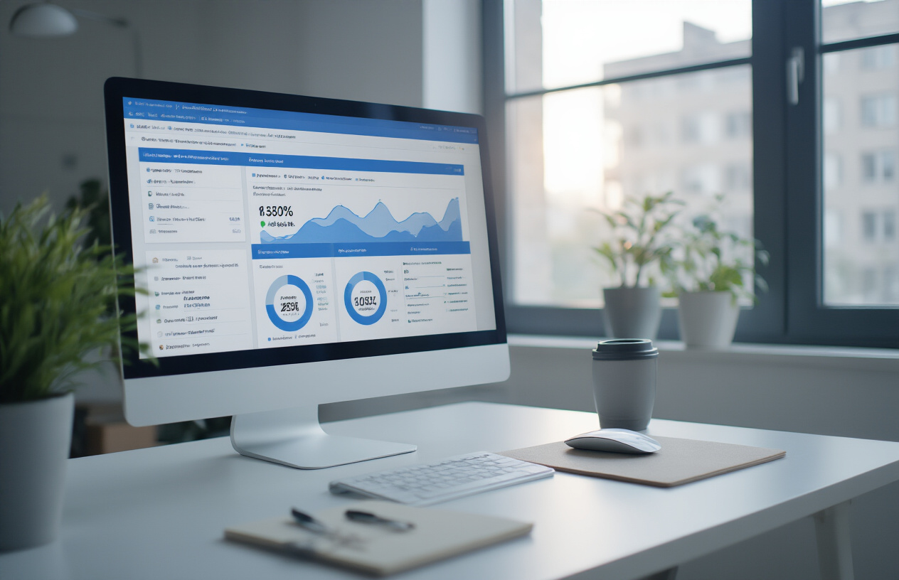 Create a realistic image of a modern office workspace with a computer screen displaying Google My Business dashboard interface with business category optimization tools, featuring charts and performance metrics graphs on the screen, a clean white desk with a wireless mouse and notepad, soft natural lighting from a window, professional business atmosphere with subtle blue and white color scheme, absolutely NO text should be in the scene.