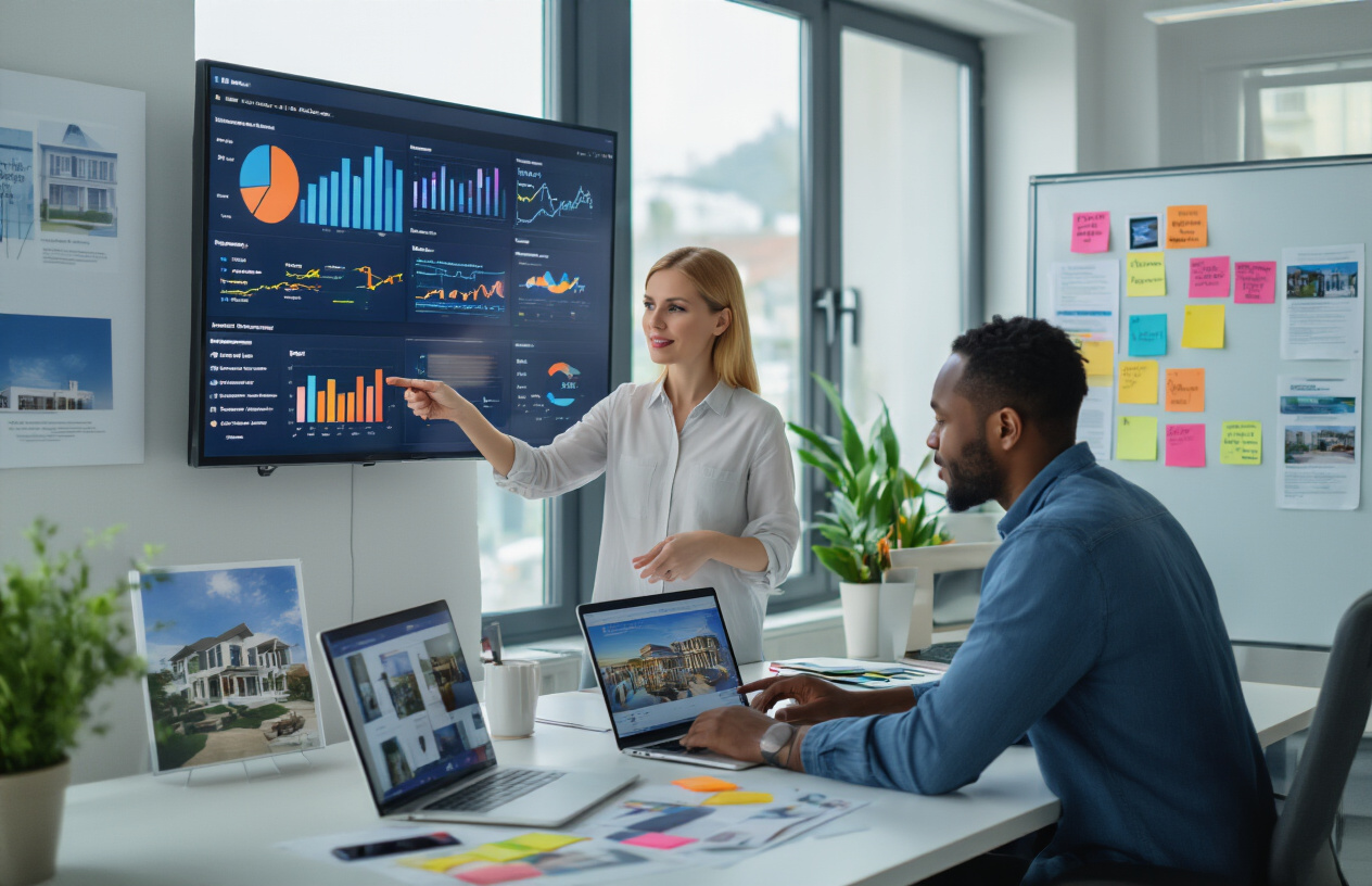 Create a realistic image of a modern office workspace showing digital marketing in action for a virtual tour business, featuring a diverse team with a white female marketing specialist pointing at colorful analytics charts on a large wall-mounted monitor while a black male colleague works on a laptop displaying social media campaigns, surrounded by marketing materials including printed brochures with property images, a smartphone showing a 360-degree virtual tour interface, and sticky notes with client acquisition strategies on a glass whiteboard, set in a bright contemporary office with natural lighting from large windows, professional yet energetic atmosphere, absolutely NO text should be in the scene.