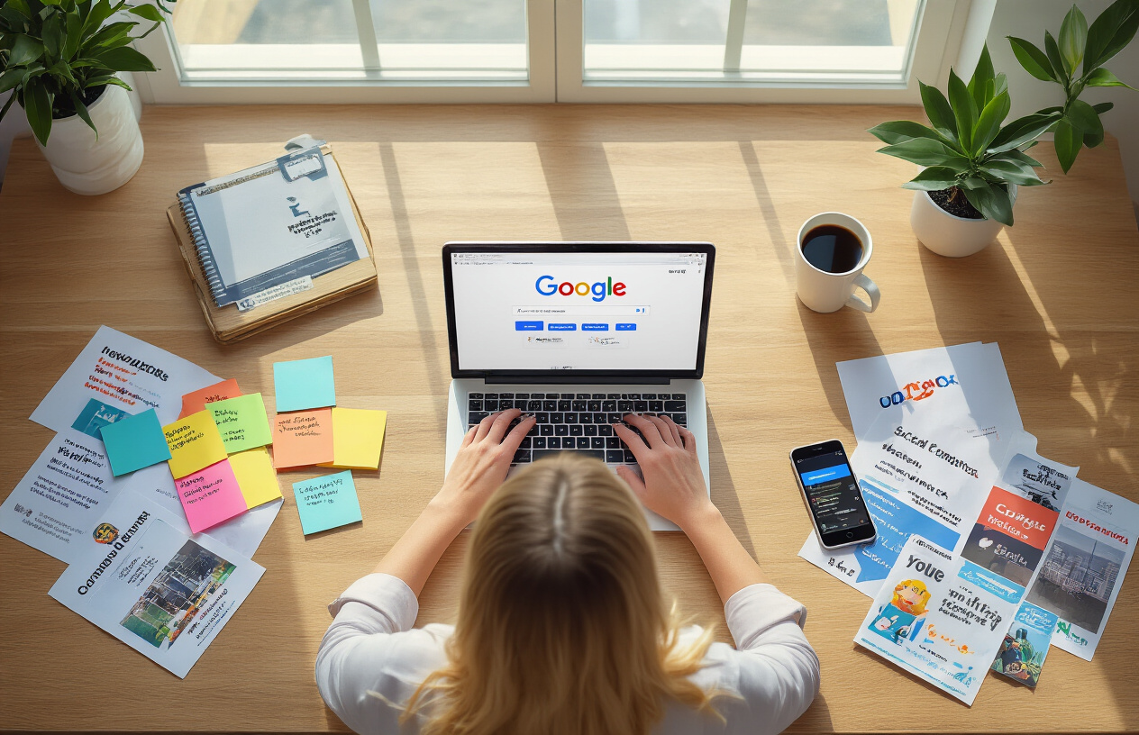 Create a realistic image of a modern office workspace showing a white female business owner at her desk working on a laptop computer with Google My Business interface visible on the screen, surrounded by marketing materials including colorful sticky notes with campaign ideas, a smartphone displaying social media engagement notifications, a coffee cup, and promotional flyers spread across a clean wooden desk, with natural lighting from a window creating a productive and focused atmosphere, shot from a slight overhead angle to show the organized workspace and digital marketing tools, absolutely NO text should be in the scene.