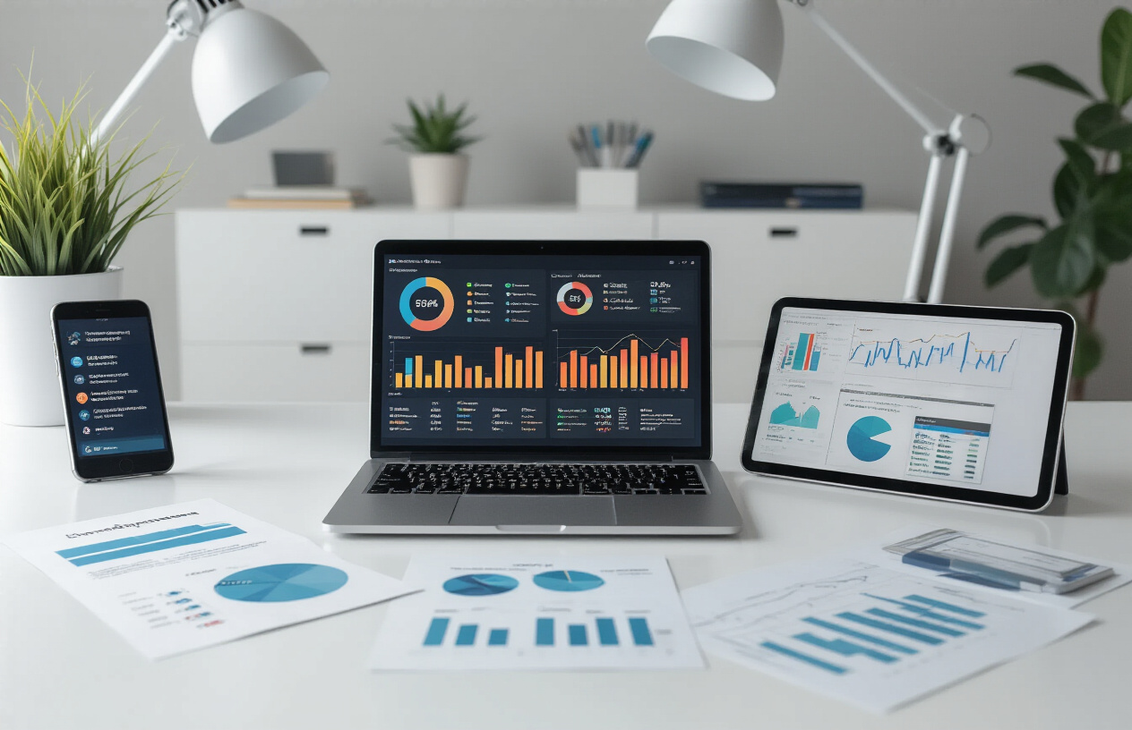 Create a realistic image of a modern office workspace with a sleek laptop displaying colorful analytics dashboard with performance graphs and optimization metrics on the screen, surrounded by digital marketing tools including a smartphone showing social media notifications, a tablet with business analytics, and scattered business performance charts on a clean white desk, professional lighting creating a focused work environment, minimalist background with subtle tech elements, conveying a sense of data-driven optimization and business growth, absolutely NO text should be in the scene.