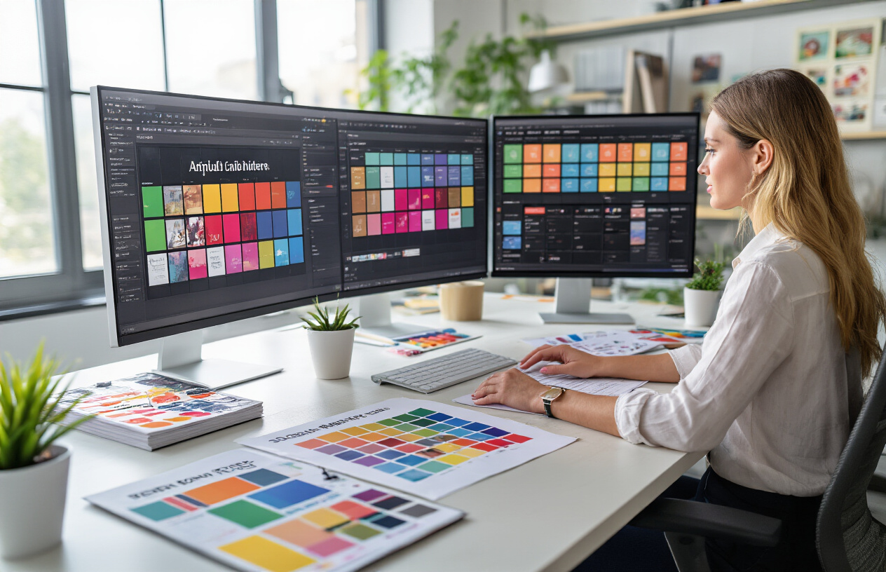Create a realistic image of a modern office workspace showing a white female marketing professional sitting at a desk with multiple monitors displaying a colorful annual calendar grid layout with seasonal visual content thumbnails, surrounded by printed seasonal marketing materials, color swatches, and planning documents spread across the desk, with a clean corporate office background featuring natural lighting from a window, conveying focused strategic planning and organization, absolutely NO text should be in the scene.