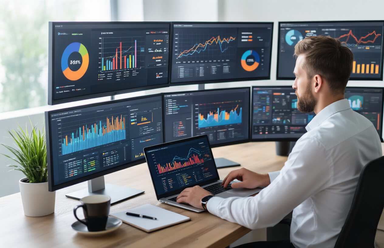 Create a realistic image of a modern office workspace showing multiple computer monitors displaying colorful analytics dashboards with graphs, charts, and performance metrics, a professional white male sitting at the desk analyzing data on his laptop, additional monitors showing website analytics interfaces with colorful line graphs and bar charts, a clean organized desk with a notepad, pen, and coffee cup, soft natural lighting from a nearby window, modern office environment with neutral colors, focused and analytical mood. Absolutely NO text should be in the scene.