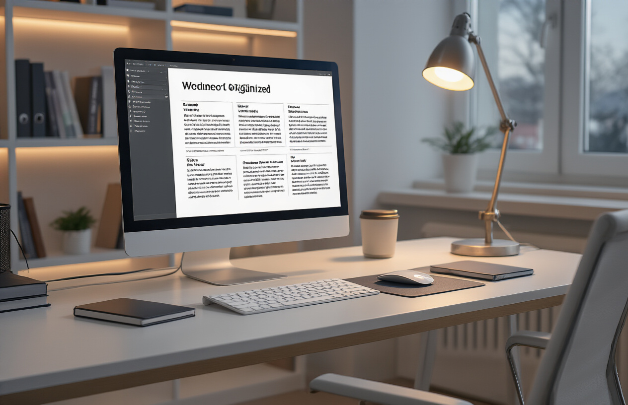 Create a realistic image of a modern office workspace showing a computer screen displaying a well-organized document with multiple heading levels in a hierarchical structure, with a sleek desk setup including a wireless keyboard, mouse, and notebook, professional lighting from a desk lamp, clean minimalist background with bookshelves containing reference materials, warm ambient lighting creating a productive atmosphere, absolutely NO text should be in the scene.