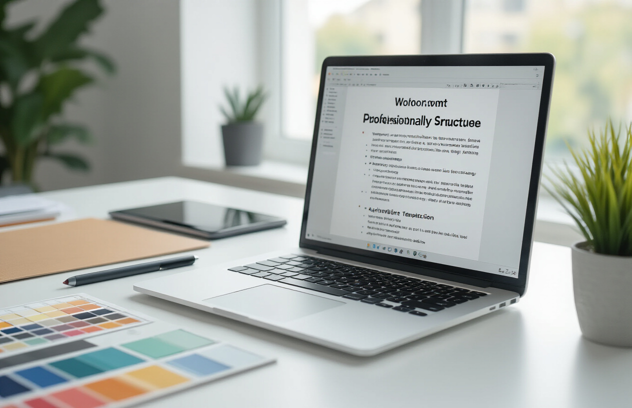 Create a realistic image of a modern office workspace with a sleek laptop displaying a professionally formatted document with hierarchical heading structures, surrounded by design tools like a stylus pen, color swatches, and typography guides on a clean white desk, with soft natural lighting from a nearby window creating a productive and organized atmosphere, complemented by a minimalist background with blurred office elements, Absolutely NO text should be in the scene.