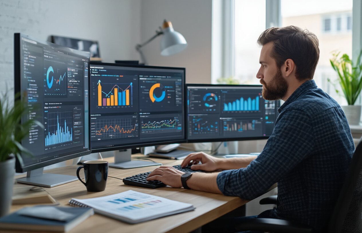 Create a realistic image of a modern office workspace showing a white male web developer in his 30s sitting at a desk with multiple computer monitors displaying website analytics dashboards and SEO recovery graphs with upward trending arrows, surrounded by notebooks with strategy notes, a coffee cup, and recovery planning documents scattered on the desk, with soft natural lighting from a window creating a focused and determined working atmosphere, absolutely NO text should be in the scene.