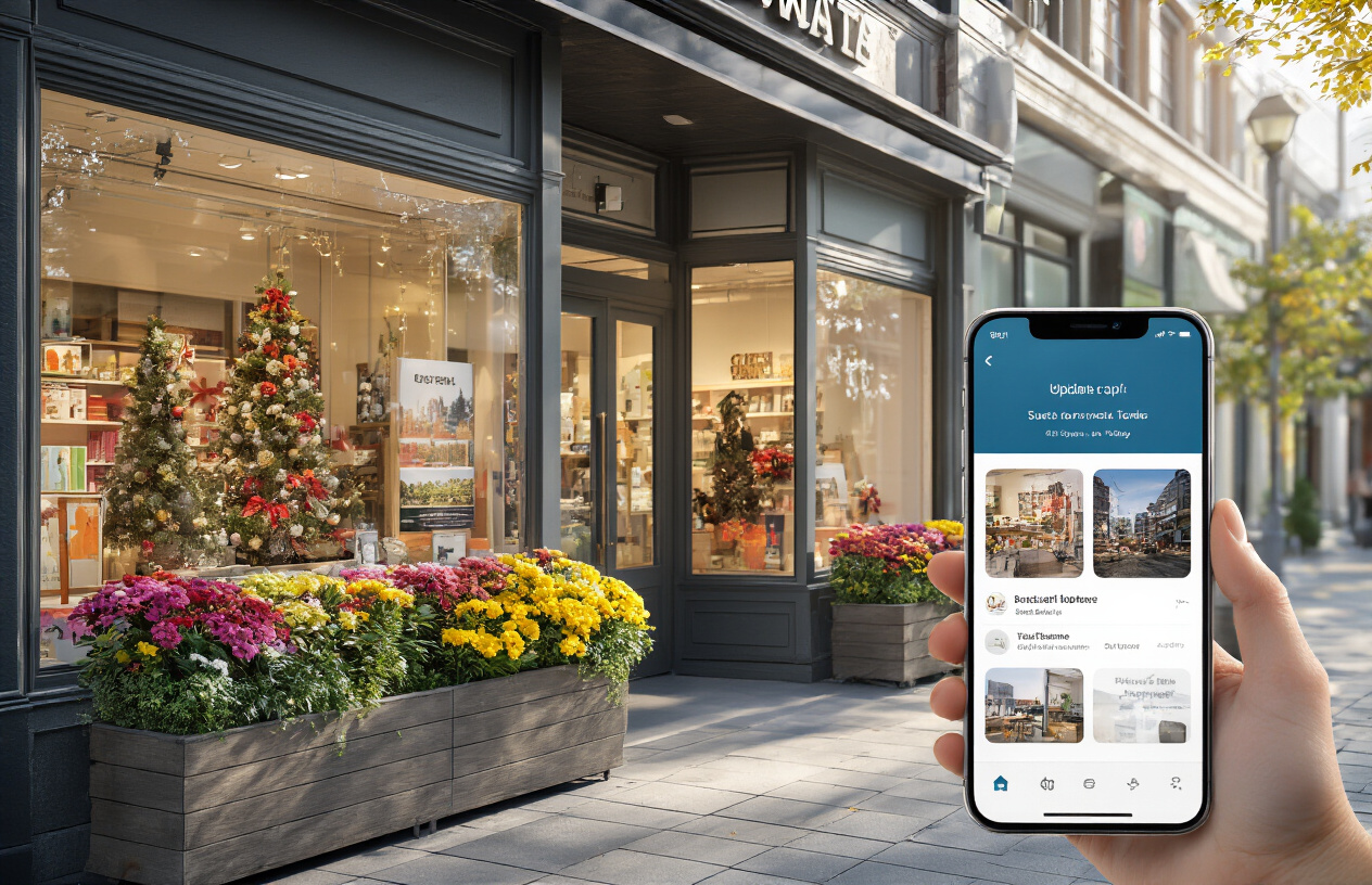 Create a realistic image of a modern small business storefront with large display windows showing seasonal decorations and promotional materials, with a smartphone in the foreground displaying a business management app interface for updating photos and videos, bright natural daylight illuminating the scene, vibrant seasonal flowers in planters outside the shop, and a clean, professional business district background, absolutely NO text should be in the scene.