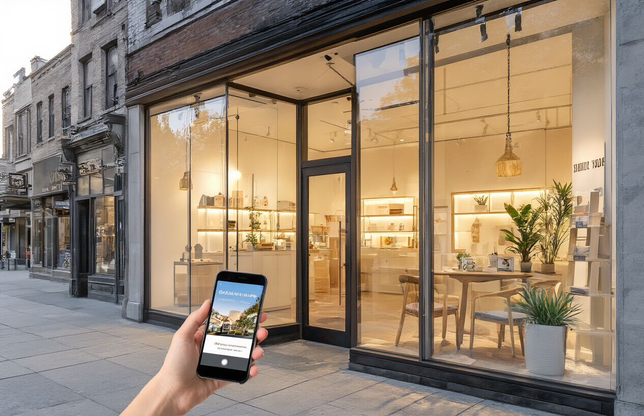 Create a realistic image of a modern small business storefront with optimized visual elements, showing a clean glass window display, professional signage, well-lit interior visible through windows, smartphone in the foreground capturing the storefront suggesting photography optimization, warm golden hour lighting creating inviting atmosphere, urban street setting with subtle foot traffic, representing successful local SEO implementation through quality imagery, absolutely NO text should be in the scene.