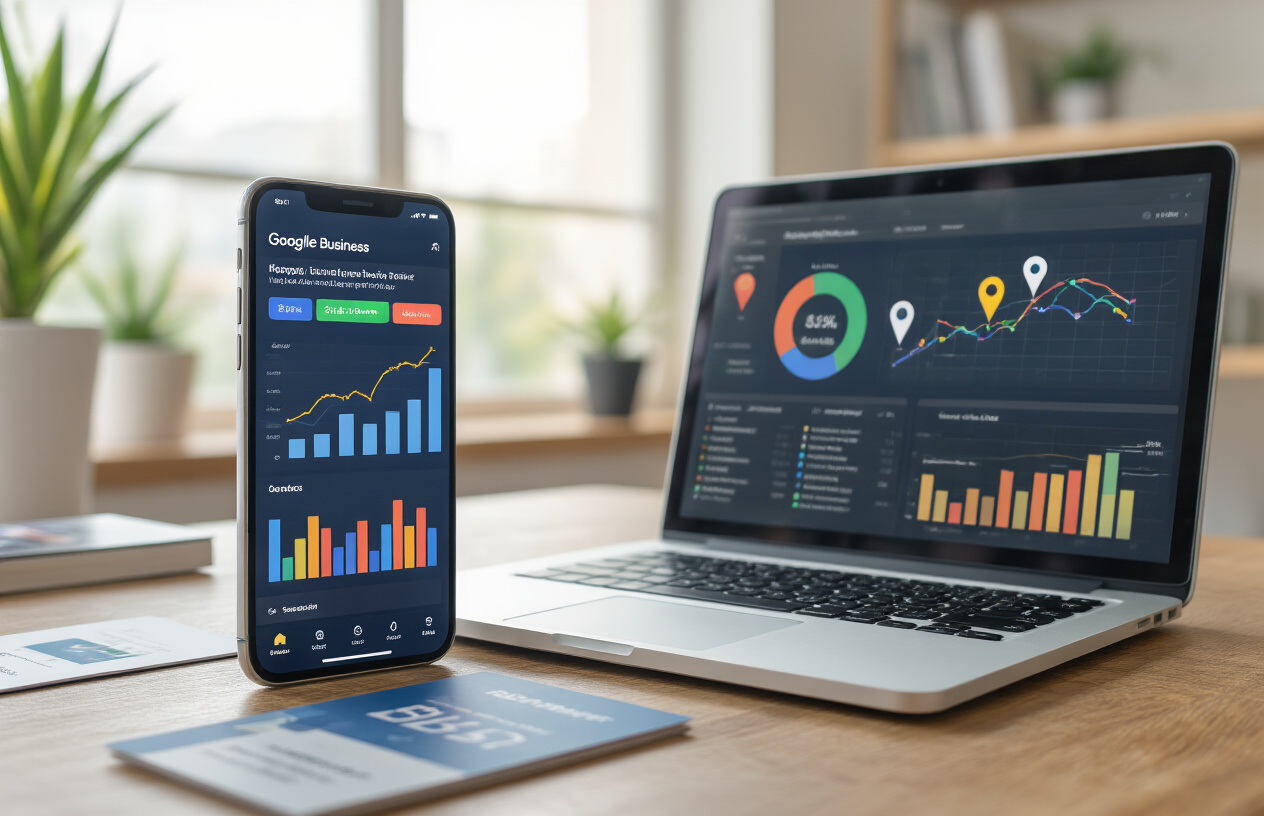 Create a realistic image of a modern smartphone displaying Google Business Profile analytics dashboard with colorful performance charts and metrics rising upward, placed on a wooden desk next to a laptop computer showing local search results with map pins, surrounded by small business marketing materials like business cards and brochures, in a bright contemporary office setting with natural lighting from a window, absolutely NO text should be in the scene.