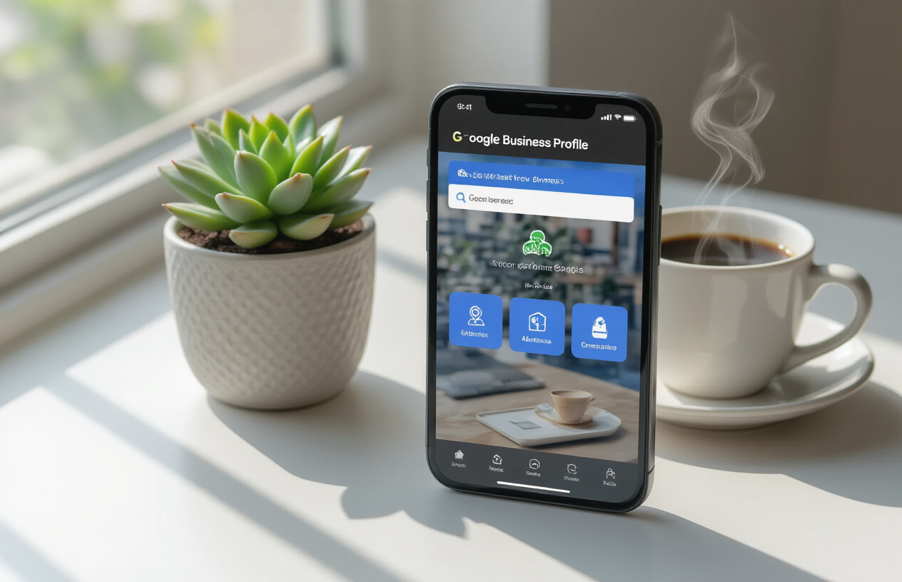 Create a realistic image of a modern smartphone displaying a Google Business Profile interface with multiple attribute icons visible on the screen, placed on a clean white desk next to a small potted succulent plant and a steaming coffee cup, with soft natural lighting coming from a window creating gentle shadows, conveying a professional and optimized business atmosphere, absolutely NO text should be in the scene.