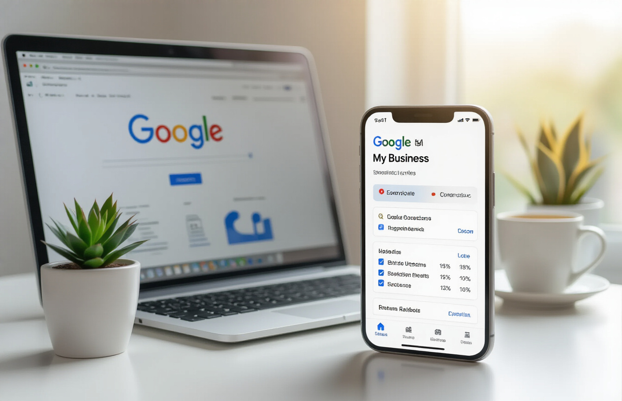 Create a realistic image of a modern smartphone displaying a Google My Business dashboard interface with optimization settings and local search metrics, placed on a clean white desk next to a laptop computer showing search result rankings, with a small potted plant and coffee cup in the background, under bright natural lighting from a window, conveying a professional digital marketing workspace atmosphere, absolutely NO text should be in the scene.