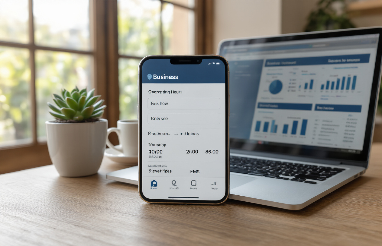 Create a realistic image of a modern smartphone displaying a business profile screen with operating hours visible, placed on a clean wooden desk next to an open laptop computer showing a business dashboard interface, with a small potted succulent plant and a coffee cup in the background, warm natural lighting streaming through a window, conveying a professional and organized workspace atmosphere for managing business information online, absolutely NO text should be in the scene.