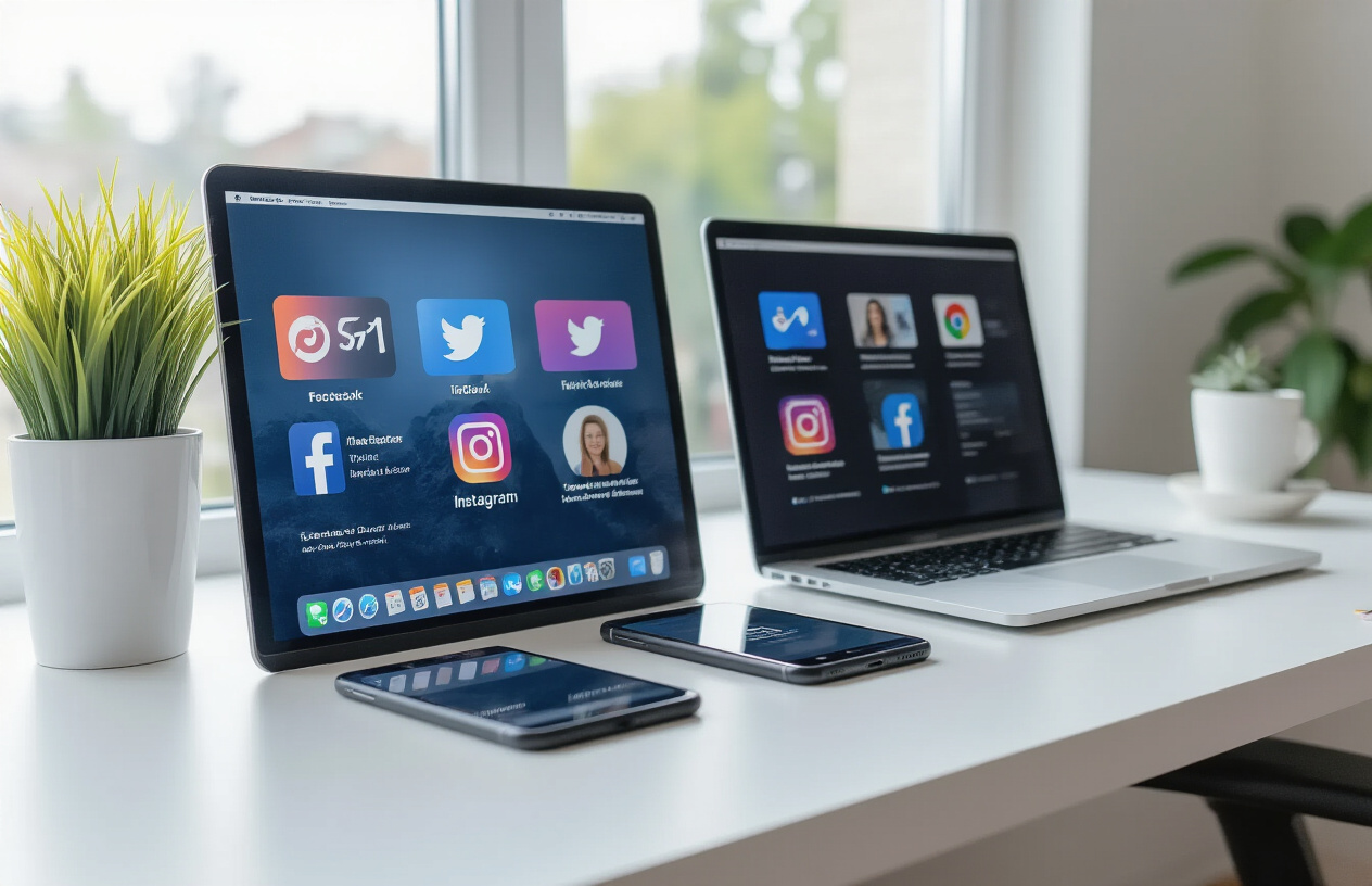 Create a realistic image of a modern workspace showing multiple smartphone and tablet devices displaying various social media platforms like Facebook, Instagram, and Twitter with business profile pages visible on the screens, placed on a clean white desk alongside a laptop computer, with soft natural lighting from a window, creating a professional digital marketing environment focused on social media management, absolutely NO text should be in the scene.