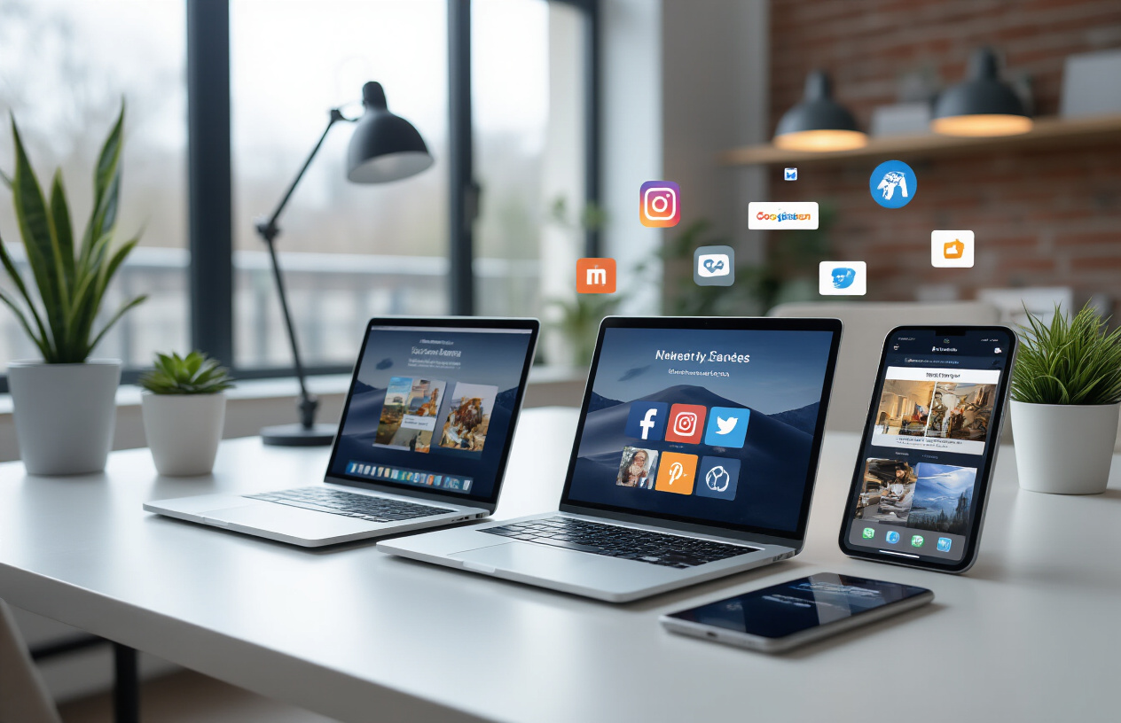 Create a realistic image of a modern workspace showing multiple digital devices displaying the same business content - a laptop, tablet, and smartphone arranged on a clean desk with each screen showing different social media platforms and business websites, with icons representing various digital channels like Facebook, Instagram, Google My Business floating subtly in the background, professional lighting creating a focused business atmosphere, and a diverse array of platform interfaces visible across the screens showing consistent seasonal business imagery. Absolutely NO text should be in the scene.