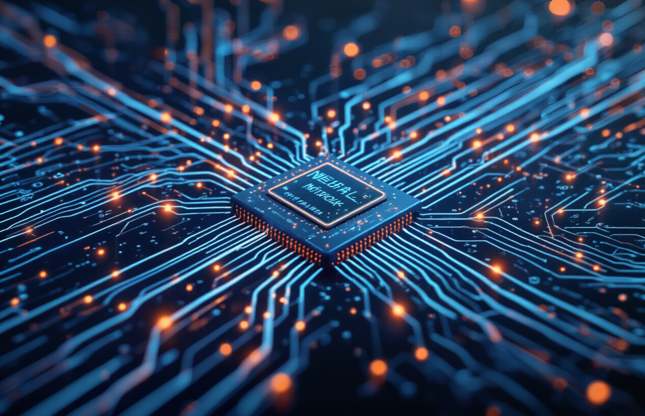 Create a realistic image of a neural network diagram showing bidirectional data flow with arrows pointing both left and right through interconnected nodes, represented by glowing blue and orange pathways converging at a central processing unit, set against a dark technological background with subtle circuit board patterns, featuring a clean modern visualization style that illustrates the concept of simultaneous forward and backward information processing, absolutely NO text should be in the scene.