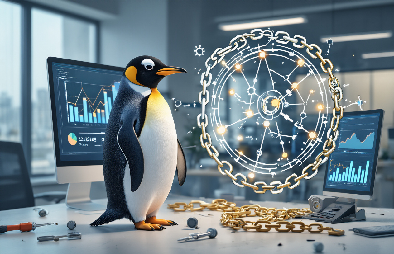 Penguin Update's Link Building Game Changes Create a realistic image of a penguin character wearing business attire standing next to a large digital network diagram showing broken and disconnected chain links, with some links being repaired by small tools, set against a modern office background with computer screens displaying SEO analytics graphs, under bright professional lighting that emphasizes the transformation of link building strategies, absolutely NO text should be in the scene.
