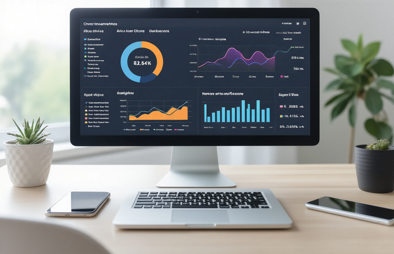 Measuring Algorithm Impact on Your Website Performance Create a realistic image of a professional analytics dashboard displayed on a computer monitor showing website performance metrics with colorful graphs, charts, and data visualization elements, a sleek modern office desk setup with a laptop, smartphone, and notepad nearby, clean minimalist background with soft natural lighting from a window, conveying a focused analytical work environment for measuring digital marketing results, absolutely NO text should be in the scene.