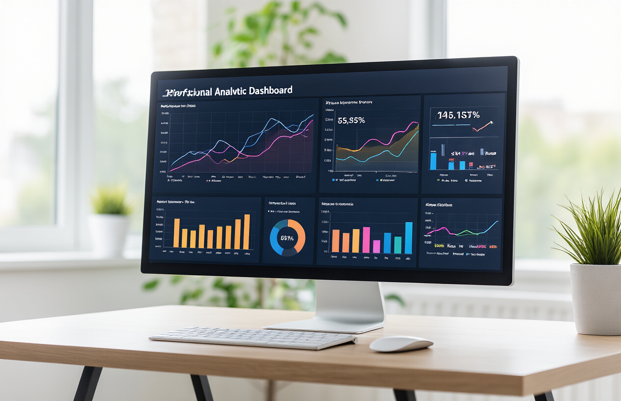 Create a realistic image of a professional analytics dashboard displayed on a computer monitor showing various SEO performance graphs, charts, and metrics with colorful line graphs trending upward and downward, bar charts displaying website traffic data, and key performance indicators, set in a modern office environment with soft natural lighting from a window, featuring a clean desk setup with a keyboard and mouse, creating a focused analytical atmosphere that represents measuring and tracking SEO performance impacts. Absolutely NO text should be in the scene.
