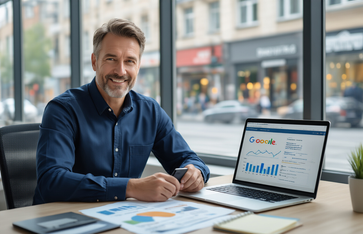 Create a realistic image of a professional business owner, a middle-aged white male wearing a navy blue button-down shirt, sitting at a modern office desk with a laptop computer open displaying colorful charts and analytics, a smartphone placed beside the laptop showing a Google My Business interface, scattered business documents and a notepad with handwritten notes on the desk, large windows in the background showing a bustling city street with various storefronts and businesses visible, natural daylight streaming through creating a bright and optimistic atmosphere, the man looking satisfied and confident as he reviews his business performance, modern office setting with clean lines and professional decor, absolutely NO text should be in the scene.