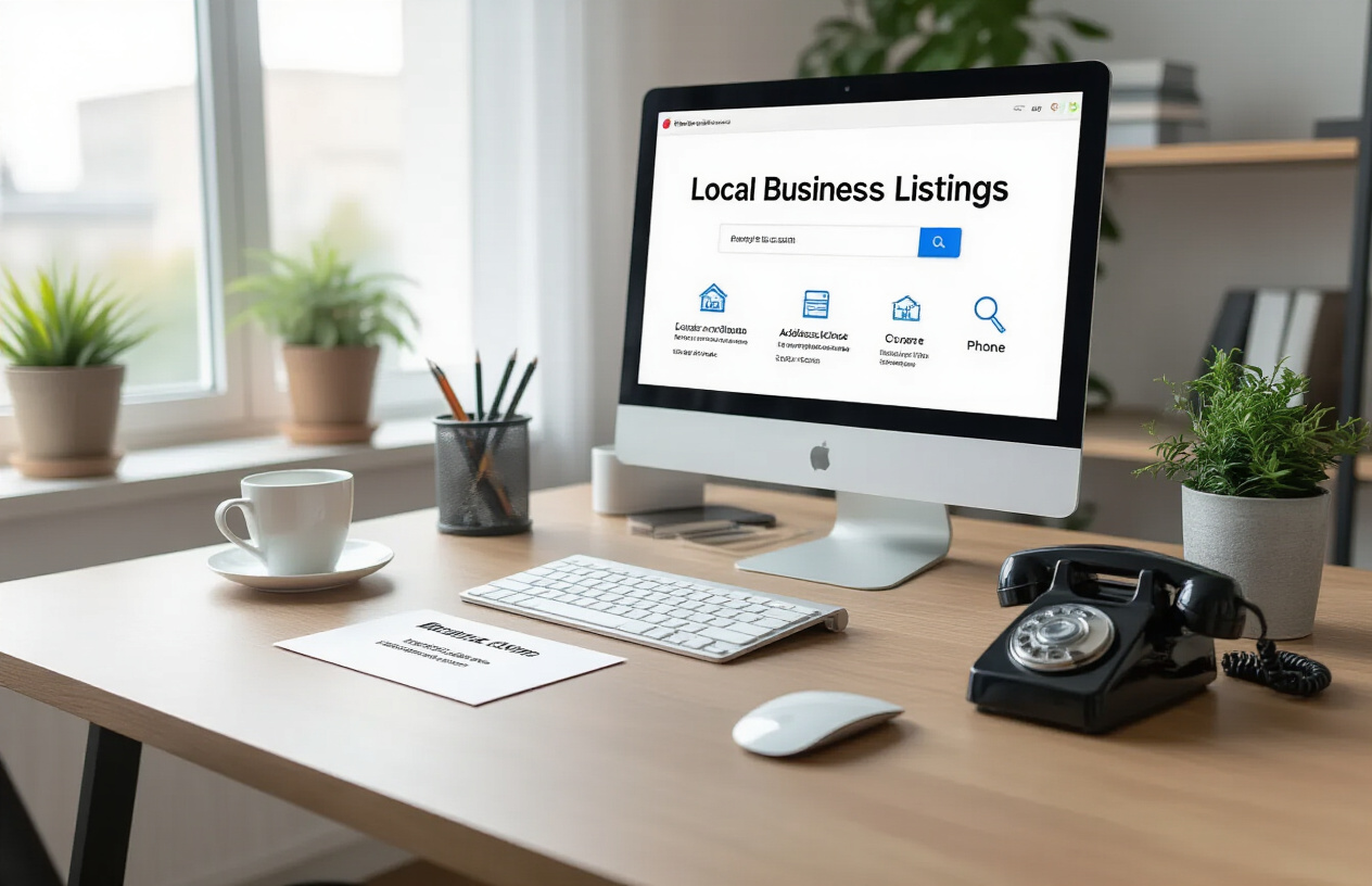 Create a realistic image of a professional business setting with a modern desk displaying a computer screen showing local business listings and search results, alongside physical business elements like a business card, address placard, and phone, representing the concept of Name, Address, and Phone number consistency for local SEO, with a clean office environment in the background, soft natural lighting from a window, and a focused, organized atmosphere that conveys digital marketing and business optimization. Absolutely NO text should be in the scene.