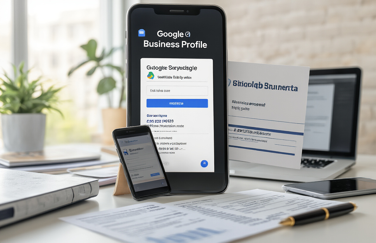 Create a realistic image of a professional business verification process showing a smartphone displaying Google Business Profile interface with verification options, surrounded by various verification materials including a postcard with verification code, business documents, and a laptop computer on a clean modern desk, with soft natural lighting from a window, conveying a trustworthy and organized business environment, absolutely NO text should be in the scene.
