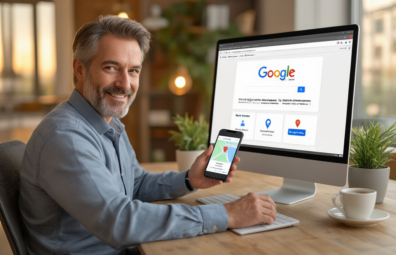Create a realistic image of a professional-looking white male business owner in his 40s sitting at a modern desk with a laptop open, showing a Google Business Profile dashboard on the screen, with his smartphone displaying Google Maps with a business location pin nearby, a small potted plant and coffee cup on the desk, warm office lighting creating a successful and accomplished atmosphere, the person appearing satisfied and confident after successfully claiming their business profile, absolutely NO text should be in the scene.