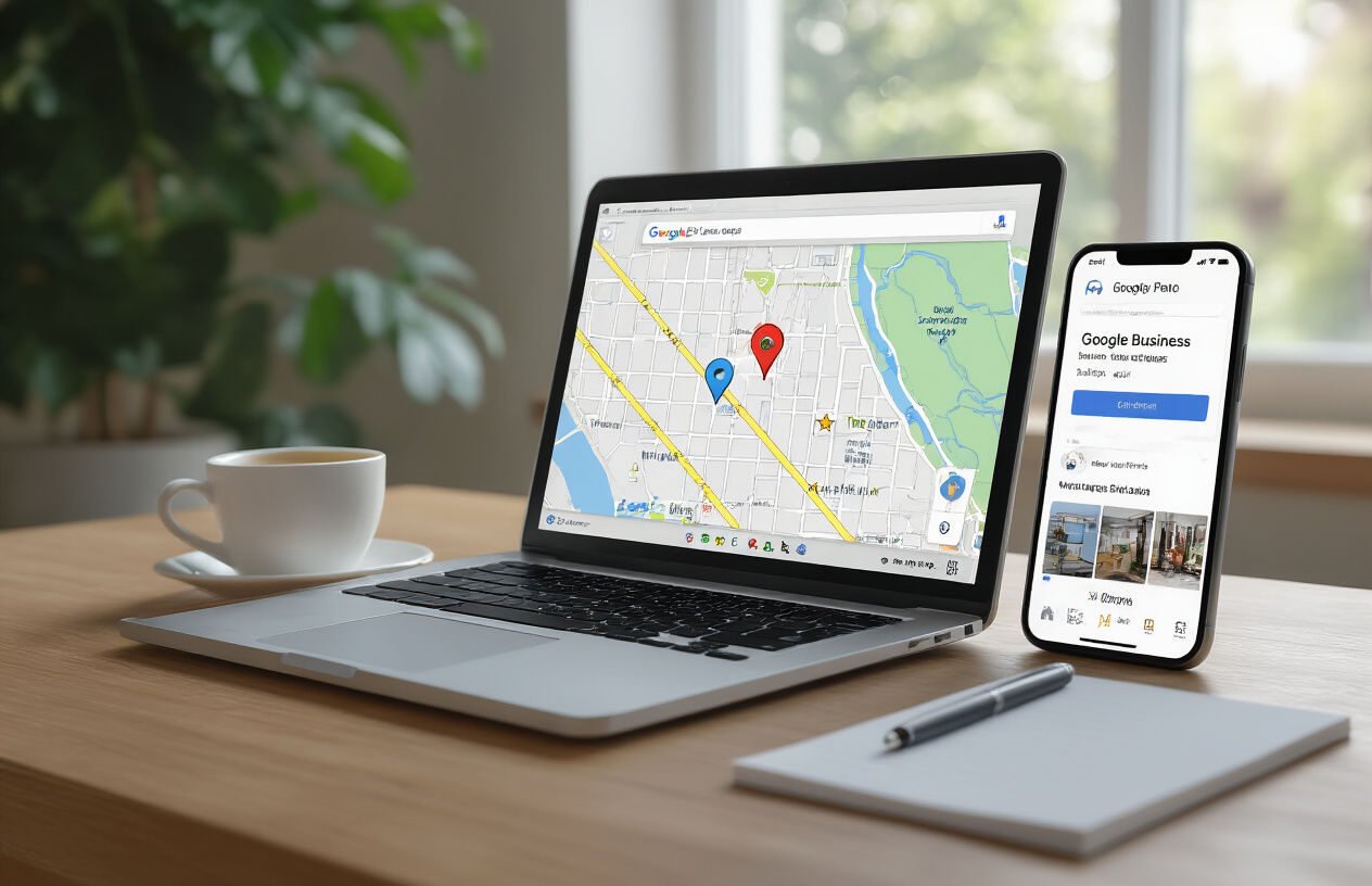 Create a realistic image of a professional office setting showing a laptop screen displaying Google Maps with multiple business location pins and star ratings visible, alongside a smartphone showing a Google Business Profile interface with business information and photos, placed on a clean wooden desk with a coffee cup and notepad nearby, soft natural lighting from a window creating a productive workspace atmosphere, absolutely NO text should be in the scene.