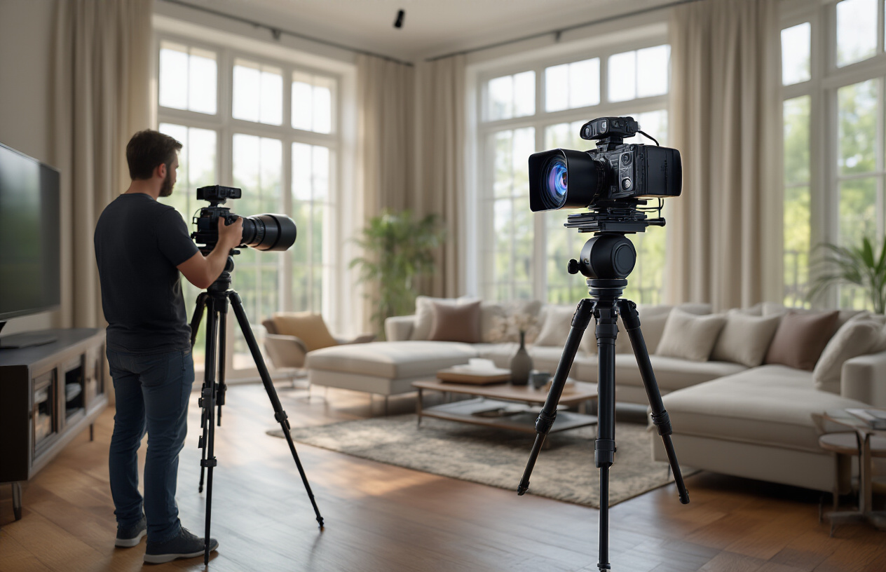 Create a realistic image of a professional photographer using a high-end 360-degree camera on a tripod to capture a virtual tour in an elegant modern living room, with the camera positioned centrally showing multiple lenses, natural lighting streaming through large windows, polished hardwood floors, contemporary furniture including a sectional sofa and coffee table, and professional photography equipment visible in the background, conveying a sense of technical expertise and quality content creation, absolutely NO text should be in the scene.
