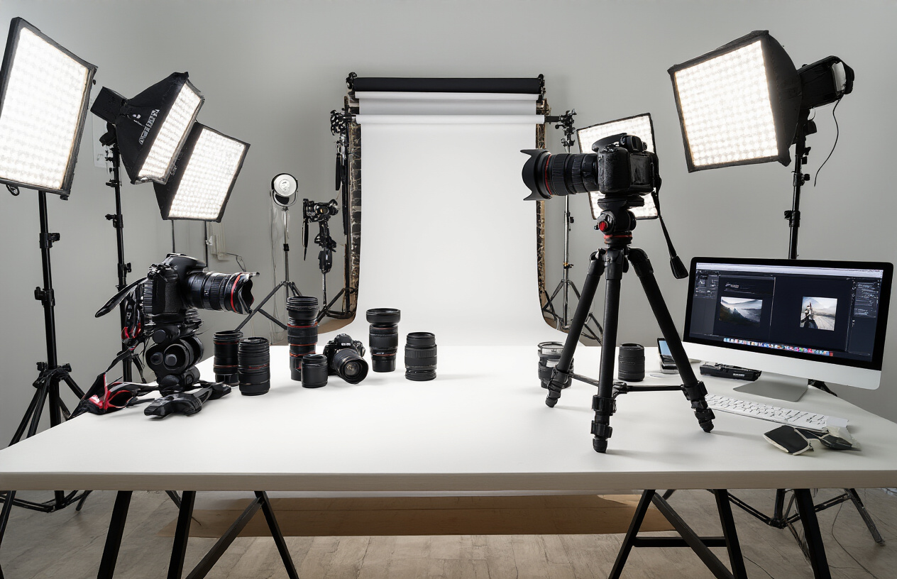 Create a realistic image of a professional photography studio setup showcasing technical equipment and best practices, featuring a high-end DSLR camera on a sturdy tripod, professional LED lighting panels with softboxes, a white seamless backdrop, various camera lenses arranged on a clean table, a light meter, reflectors leaning against the wall, and a laptop displaying photo editing software in the background, all arranged in a clean, organized workspace with bright, even studio lighting that demonstrates proper photography techniques, absolutely NO text should be in the scene.