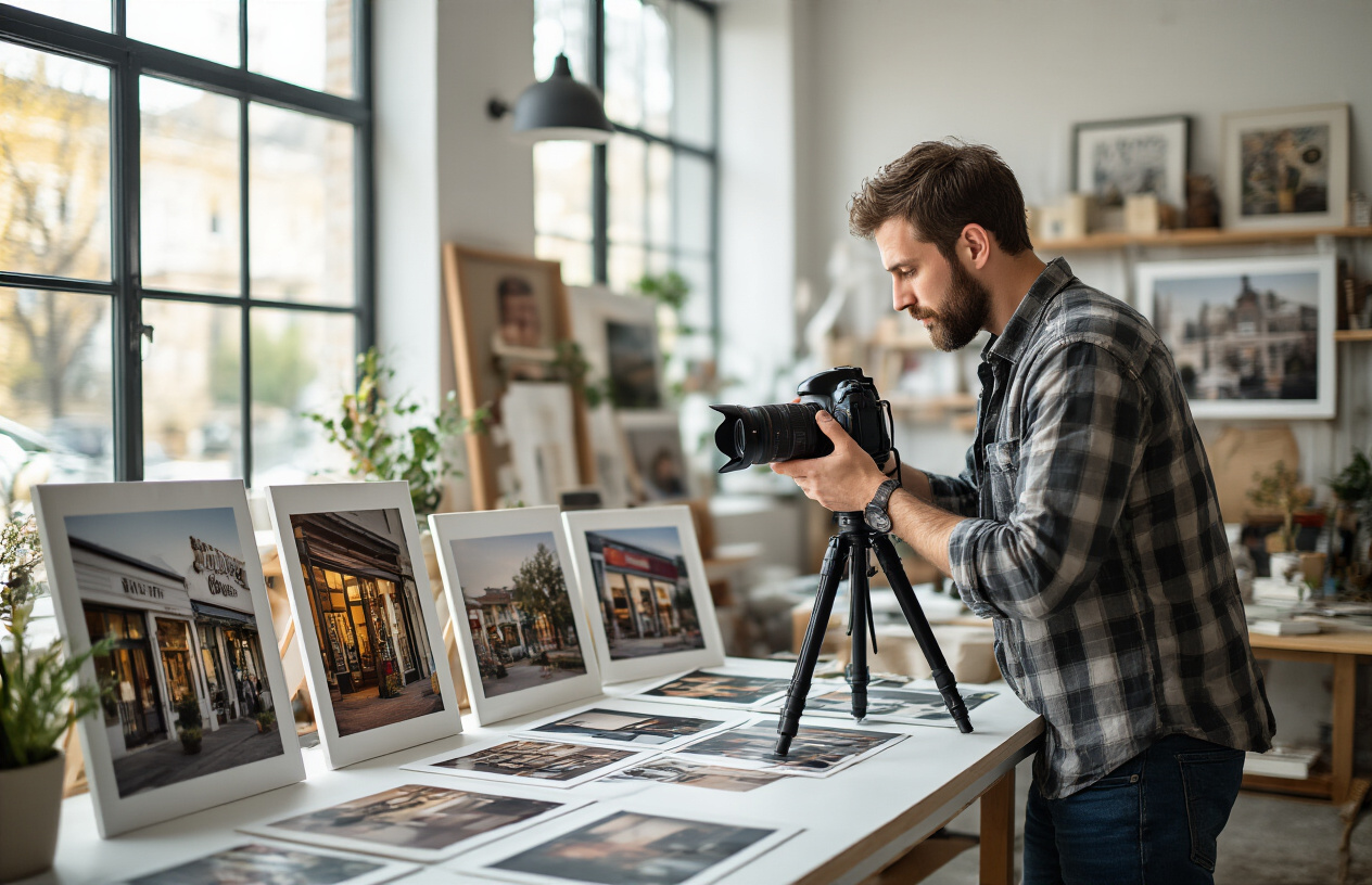 Create a realistic image of a professional photographer, white male, carefully arranging and capturing high-quality photos of various local business elements including storefront exteriors, interior spaces, products, and services, with a modern camera on a tripod, surrounded by sample printed photographs showcasing different local businesses like restaurants, retail shops, and service providers, in a well-lit photography studio with natural lighting from large windows, creating a creative and professional atmosphere that emphasizes visual storytelling and business photography expertise, absolutely NO text should be in the scene.