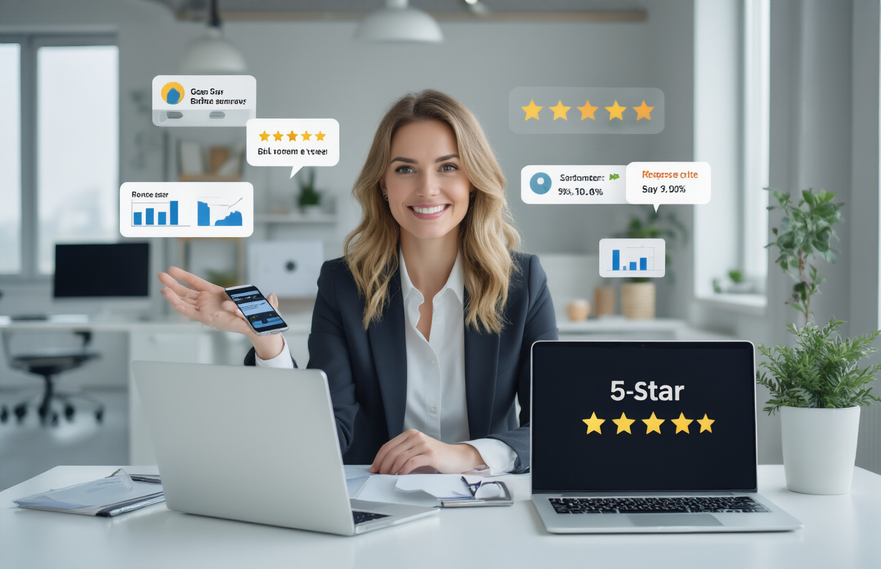 Create a realistic image of a professional white female business owner sitting at a modern desk with a laptop, smartphone displaying 5-star ratings, and customer review notification icons floating above the devices, surrounded by charts showing positive review trends and response rate metrics, in a bright contemporary office setting with natural lighting, conveying success and digital engagement, absolutely NO text should be in the scene.
