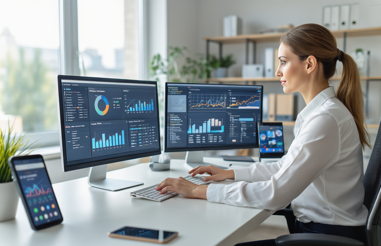 Create a realistic image of a professional white female business manager sitting at a modern office desk with dual computer monitors displaying analytics dashboards and calendar interfaces, reviewing business hours data with charts and graphs visible on screens, surrounded by smartphone and tablet devices showing various map applications and social media platforms, clean modern office environment with natural lighting from a window, focused and attentive mood, actively monitoring and updating digital information, absolutely NO text should be in the scene.