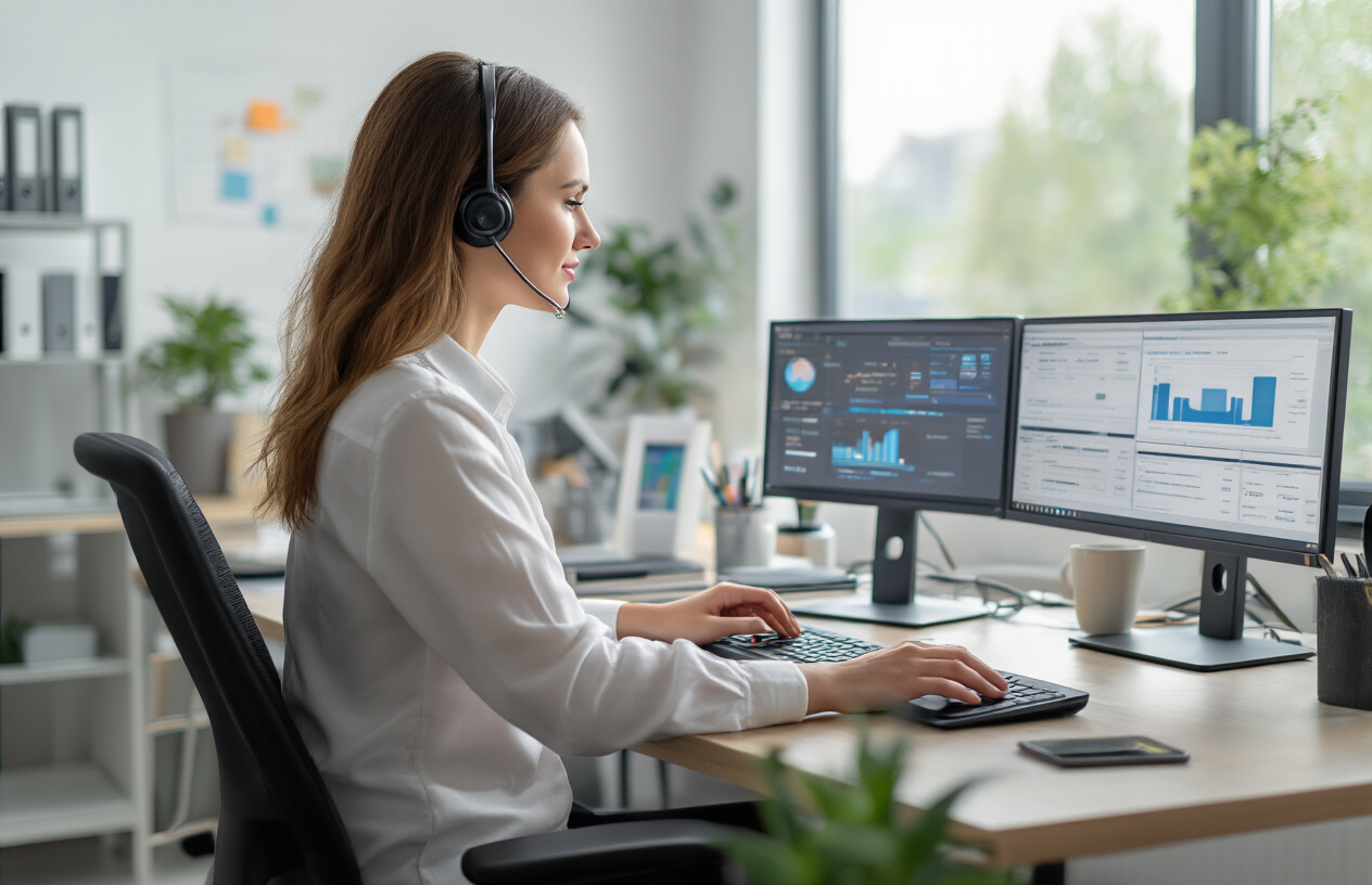 Create a realistic image of a professional white female customer service representative sitting at a modern office desk with dual computer monitors displaying dashboard interfaces, actively typing responses while managing multiple customer inquiries, surrounded by organized office supplies and a clean workspace with soft natural lighting from a nearby window, conveying efficiency and attentiveness in a contemporary business environment, absolutely NO text should be in the scene.