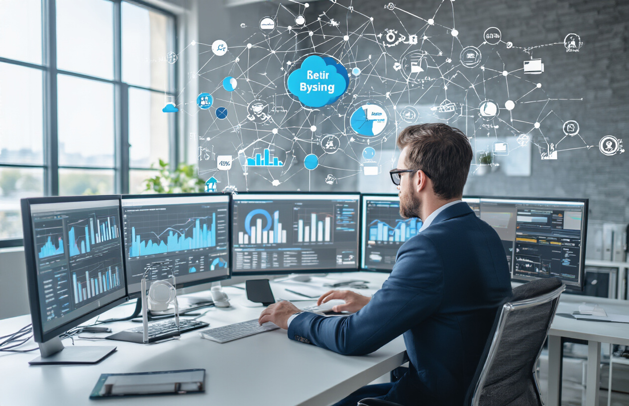Create a realistic image of a professional white male digital marketer in business attire sitting at a modern office desk with multiple computer monitors displaying website analytics dashboards and link building charts, surrounded by interconnected network diagrams and authority website logos floating in the background, with a clean modern office environment featuring natural lighting from large windows, conveying a strategic and analytical atmosphere focused on SEO and digital marketing expertise, absolutely NO text should be in the scene.