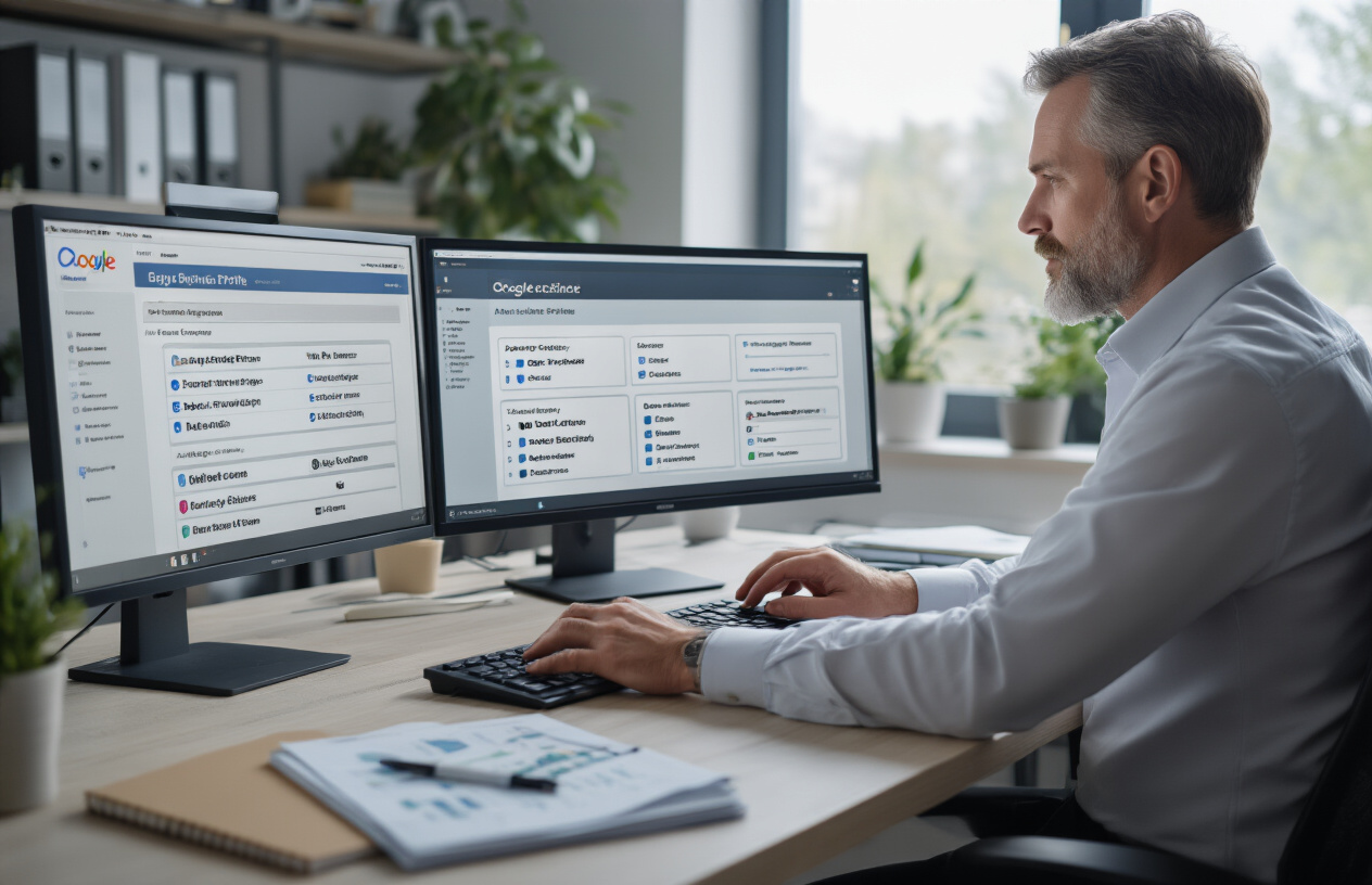 Create a realistic image of a professional white male business owner sitting at a modern desk with multiple computer monitors displaying Google Business Profile interface screens showing different business category options and selection menus, with his hands positioned over a keyboard as he strategically selects additional categories, surrounded by business planning documents and notebooks on a clean office desk, with soft natural lighting from a nearby window creating a focused work environment, absolutely NO text should be in the scene.