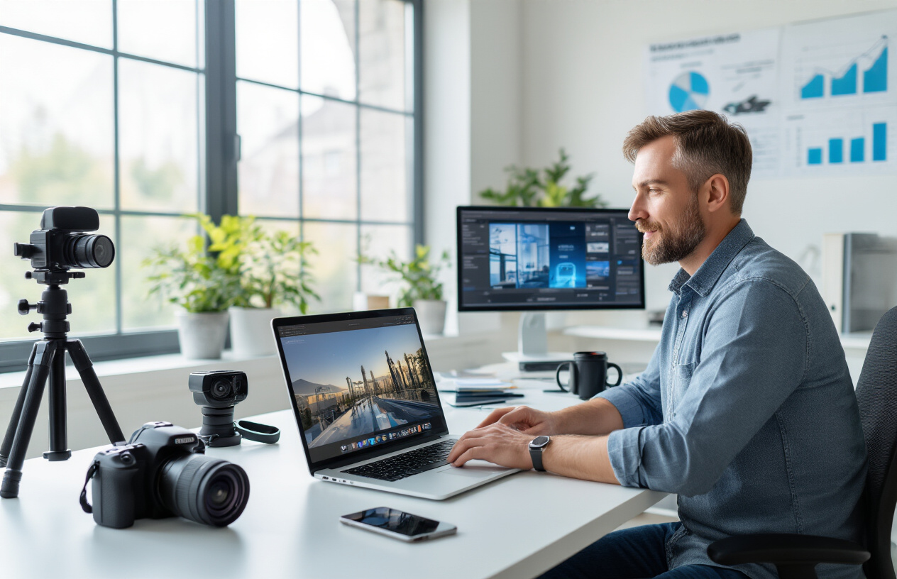 Create a realistic image of a professional white male entrepreneur sitting at a modern desk with a laptop showing a 360-degree virtual tour interface, surrounded by photography equipment including a 360-degree camera, tripod, and smartphone, with a successful business atmosphere featuring charts showing growth trends on a wall monitor, bright natural lighting from large windows, and a clean contemporary office setting that conveys achievement and forward-thinking technology adoption, absolutely NO text should be in the scene.