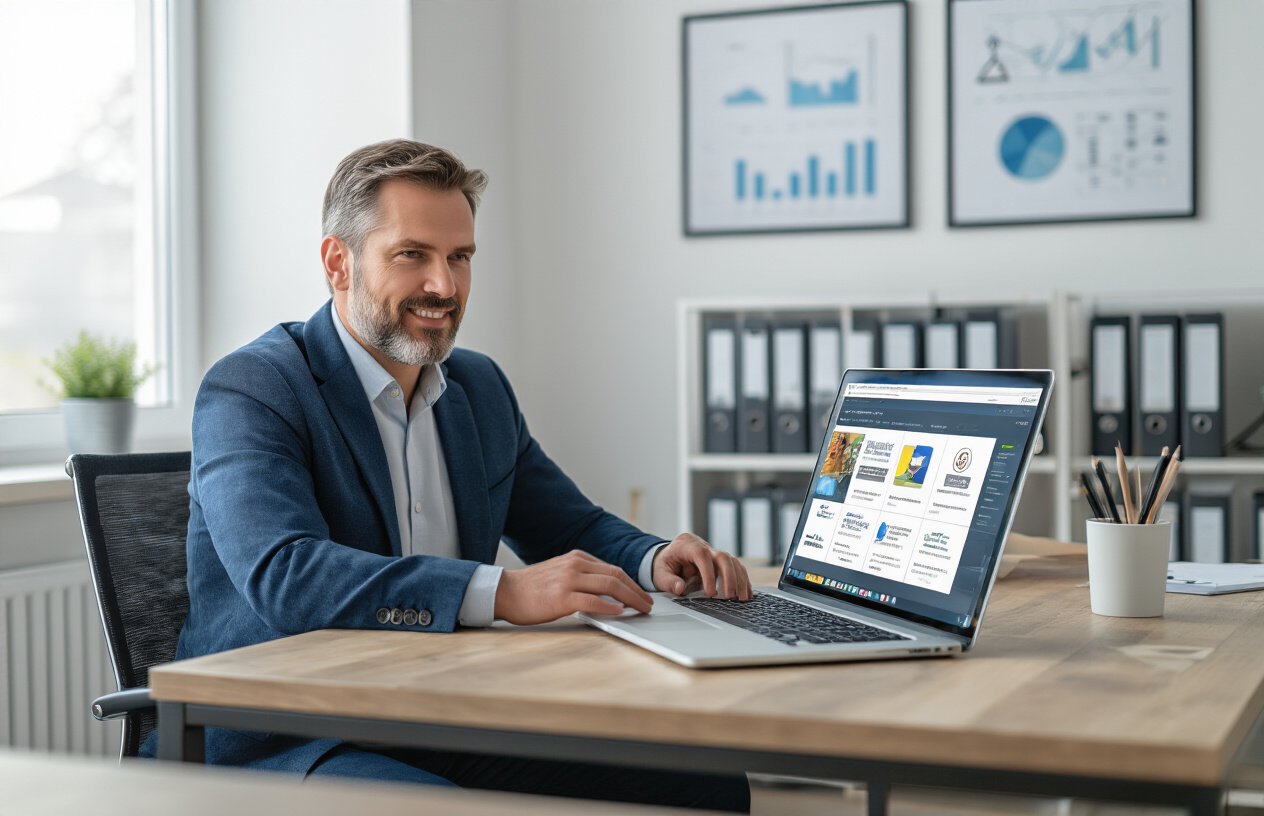 Create a realistic image of a professional white male business owner in his 30s sitting at a modern office desk, working on a laptop computer with multiple browser tabs open showing local business directory listings, surrounded by subtle visual elements representing consistency such as aligned geometric shapes or patterns in the background, with a clean modern office environment featuring organized filing cabinets and charts on the wall, bright natural lighting coming through windows, conveying a sense of organization and digital marketing success, absolutely NO text should be in the scene.