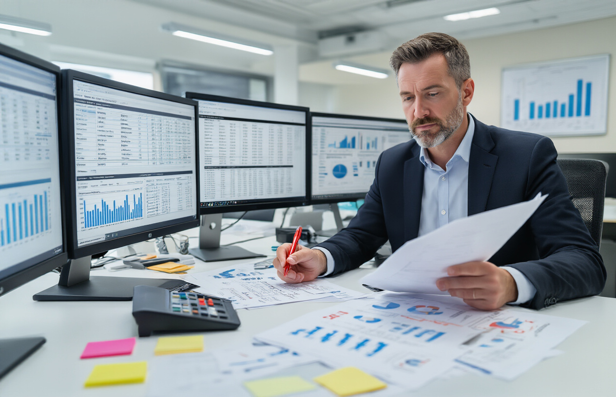 Create a realistic image of a professional white male business consultant sitting at a modern office desk with multiple computer monitors displaying business directory listings and spreadsheets, holding a red pen while reviewing printed documents with business information, surrounded by sticky notes and correction tools, with a clean corporate office background featuring filing cabinets and business charts on the walls, bright fluorescent office lighting creating a focused work atmosphere. Absolutely NO text should be in the scene.