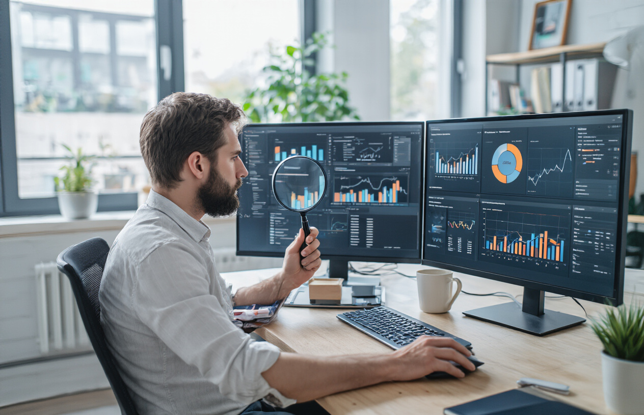 Create a realistic image of a professional white male web developer sitting at a modern desk with dual computer monitors displaying website analytics dashboards, technical audit reports, and performance metrics charts, with magnifying glass icon overlays suggesting detailed analysis, in a bright modern office environment with natural lighting from large windows, surrounded by clean minimal workspace elements including notebooks and coffee cup, conveying a focused analytical mood of discovering optimization opportunities, absolutely NO text should be in the scene.